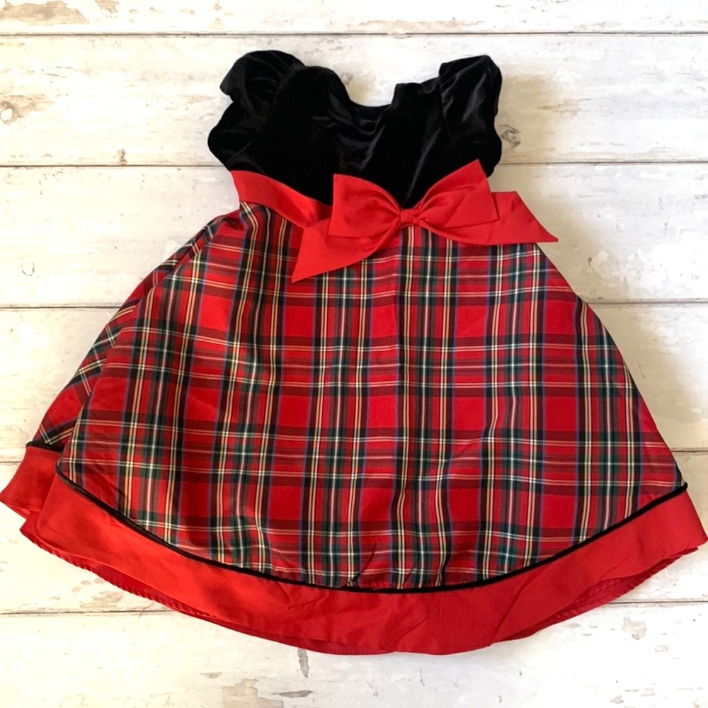 Baby Girl 12m Christmas Holiday Red Black Plaid Dress Velvet Top & Bloomers
